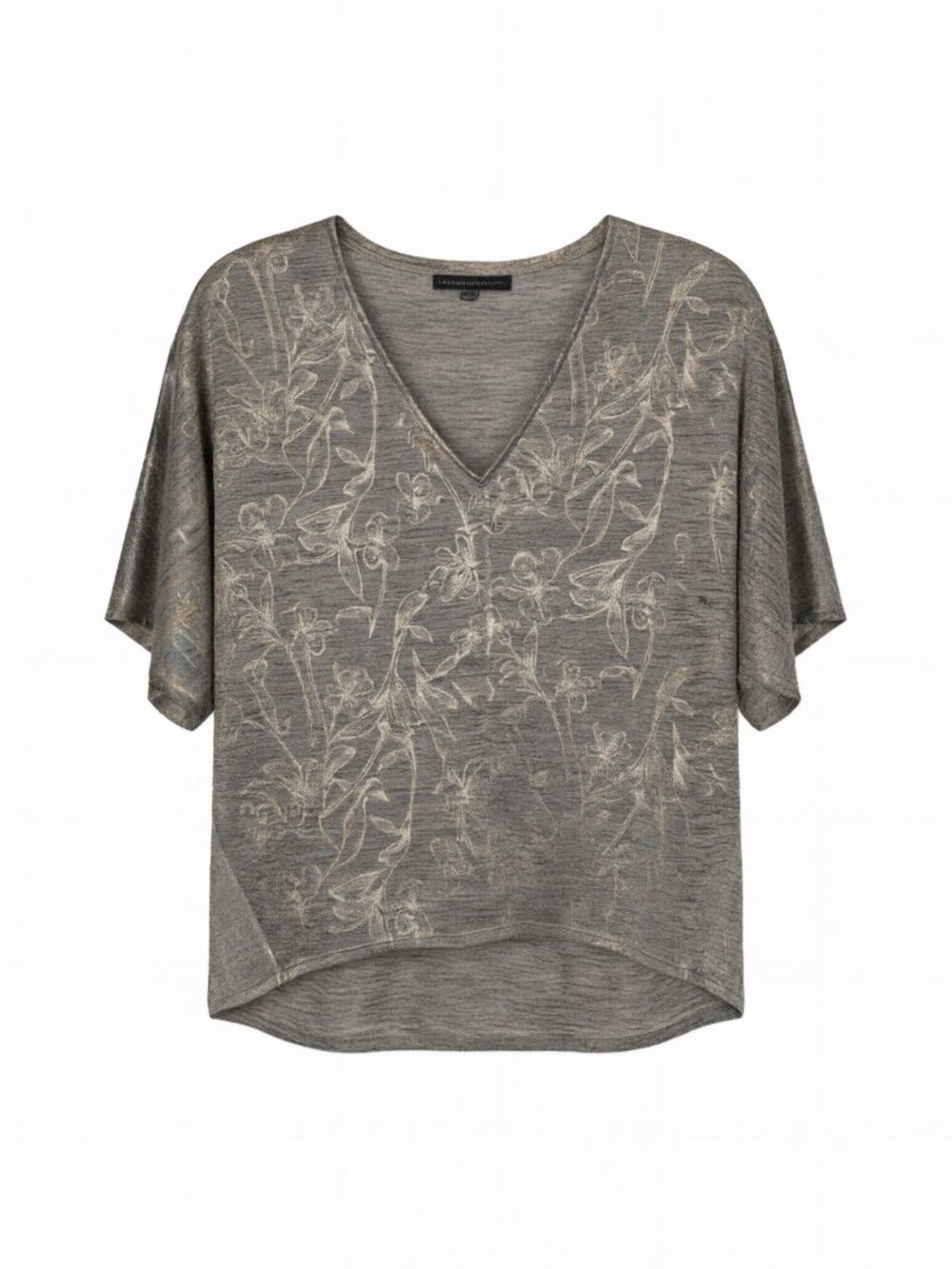 White House Black Market Women's Floral Short Sleeve Top M Gray Polyester V-Neck